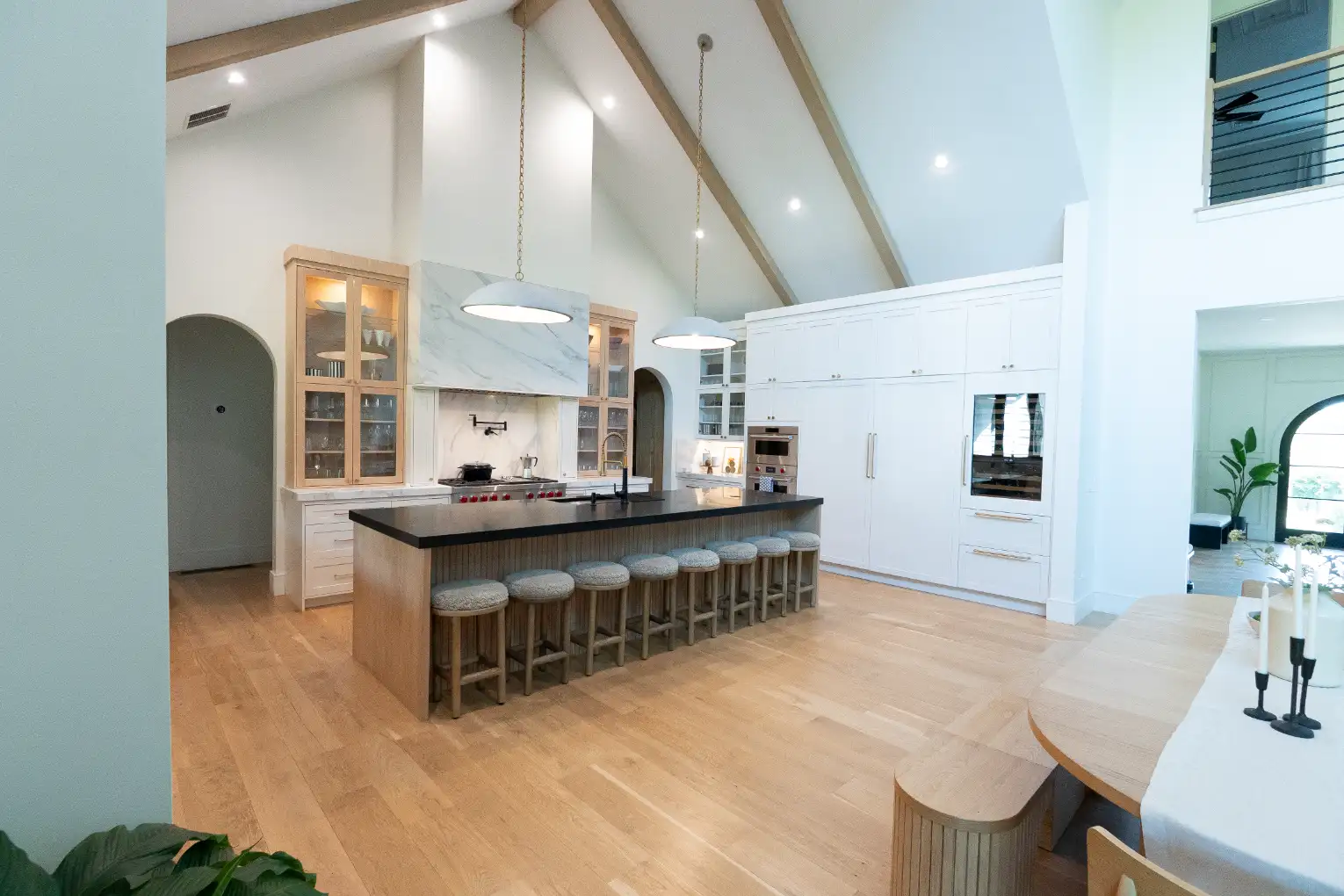 White oak display cabinets with glass fronts in a Cranston RI kitchen