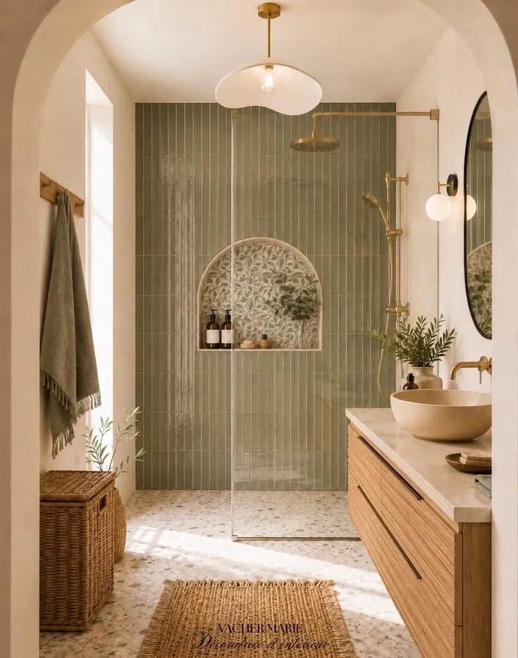 Fluted oak floating vanity with sage green tile
