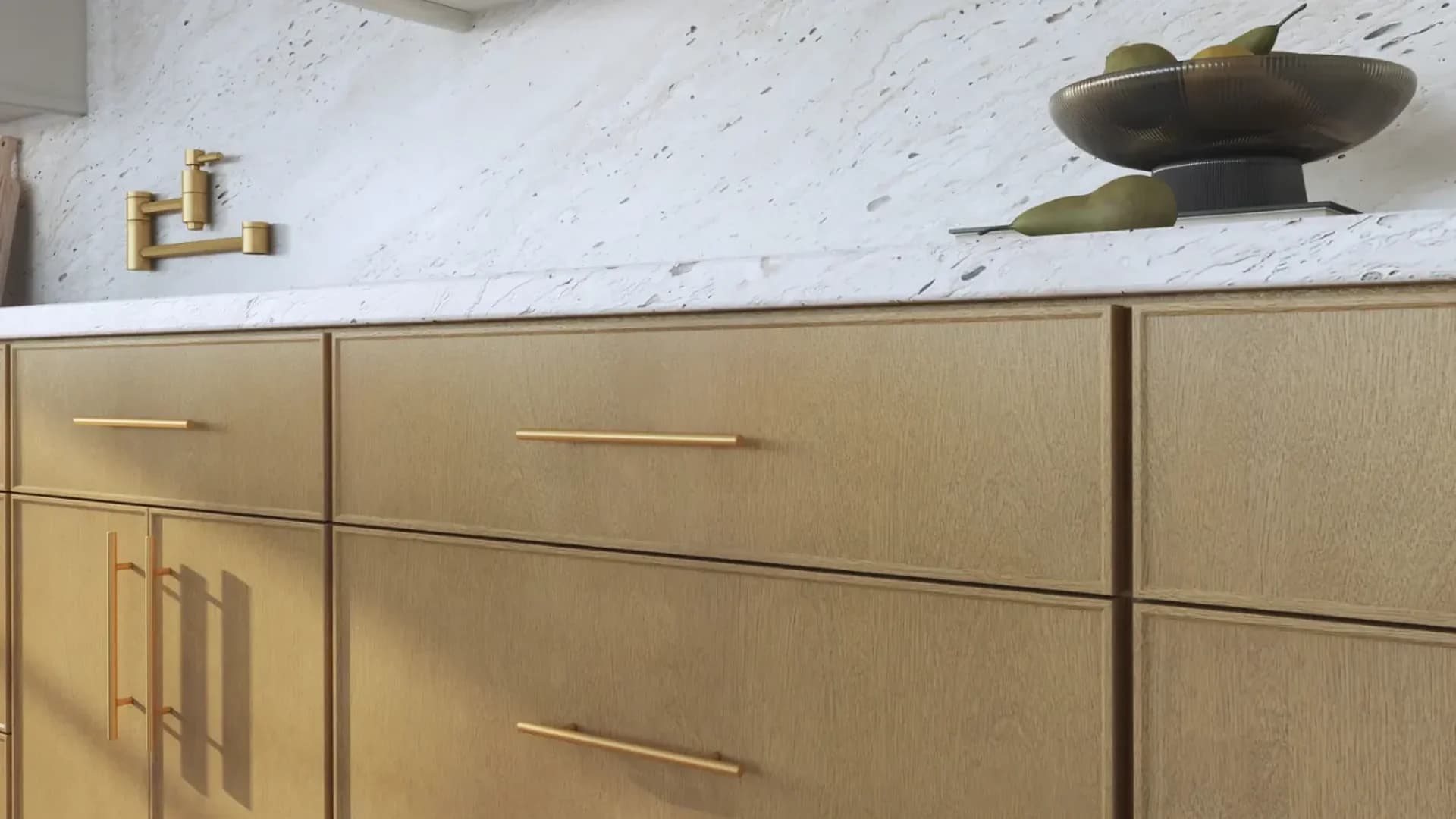 White oak slab cabinets with pale stone countertop