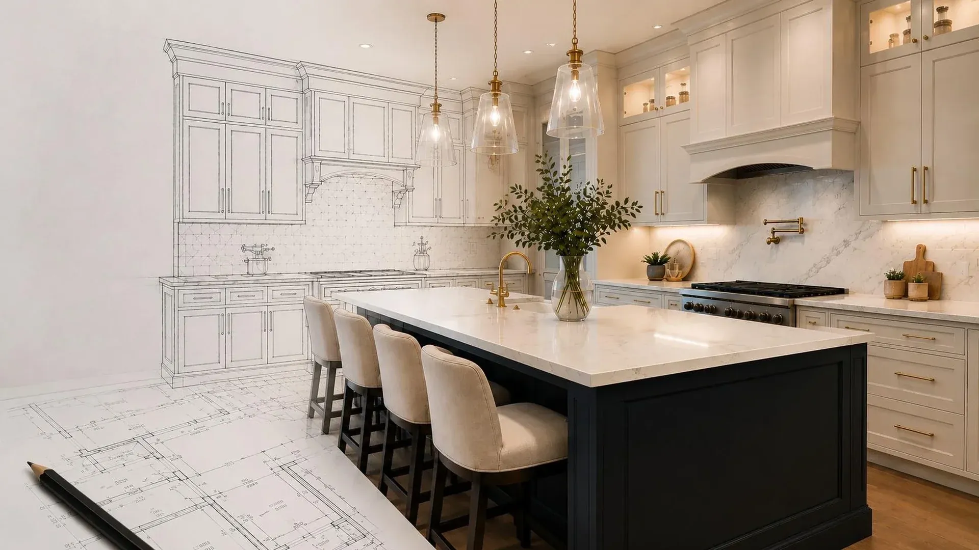 Design sketch to finished cream and black kitchen