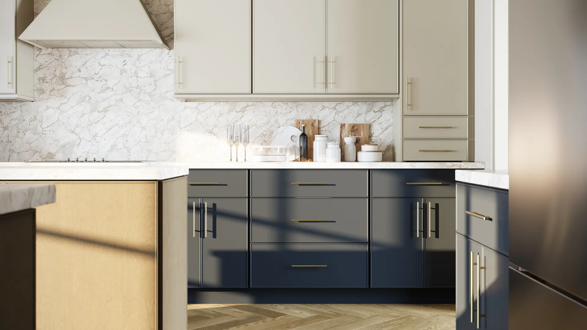 Kitchen with navy lower cabinets, marble backsplash