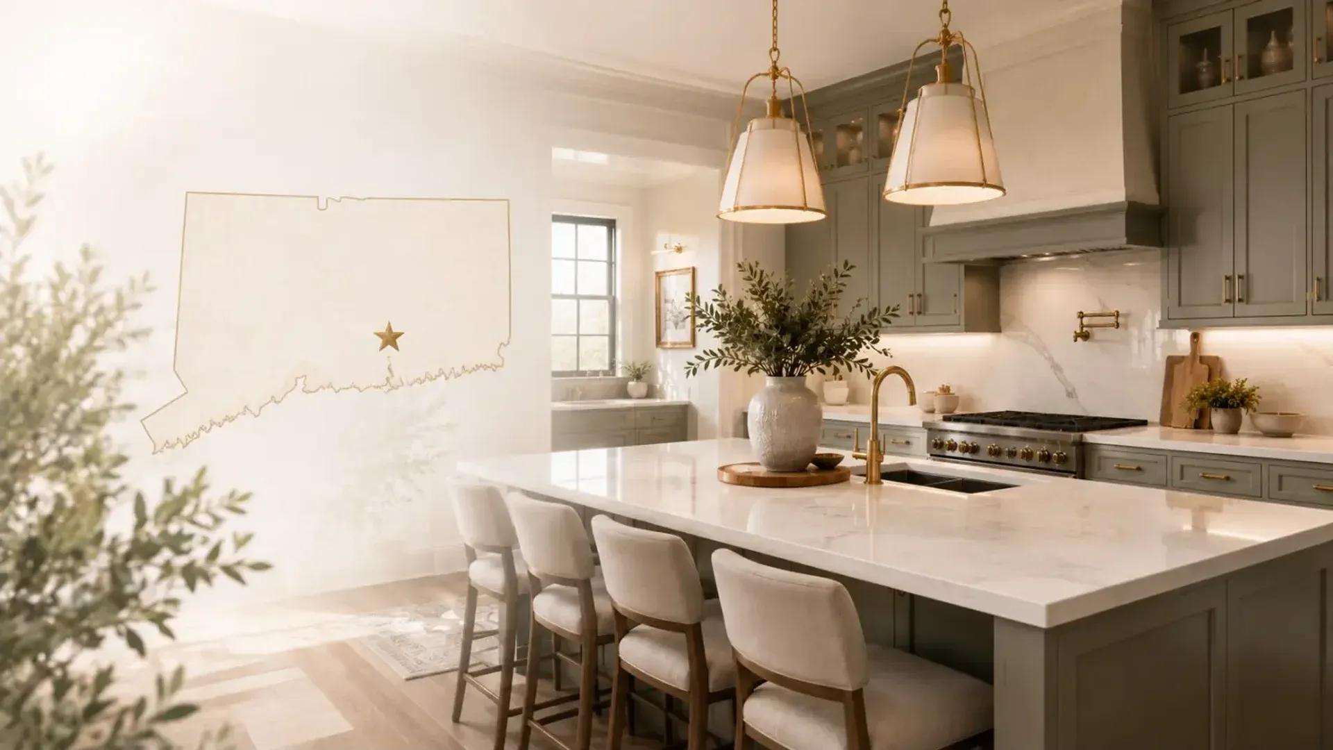 Connecticut kitchen with sage cabinets, gold pendants