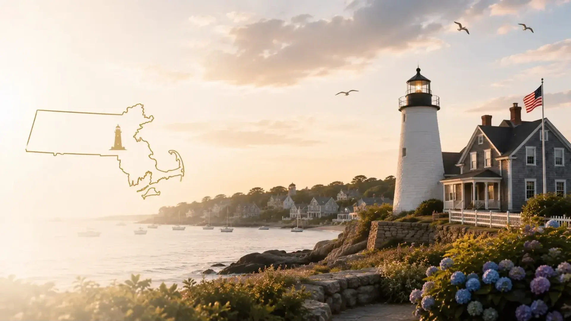 Massachusetts coastal lighthouse and shingled homes