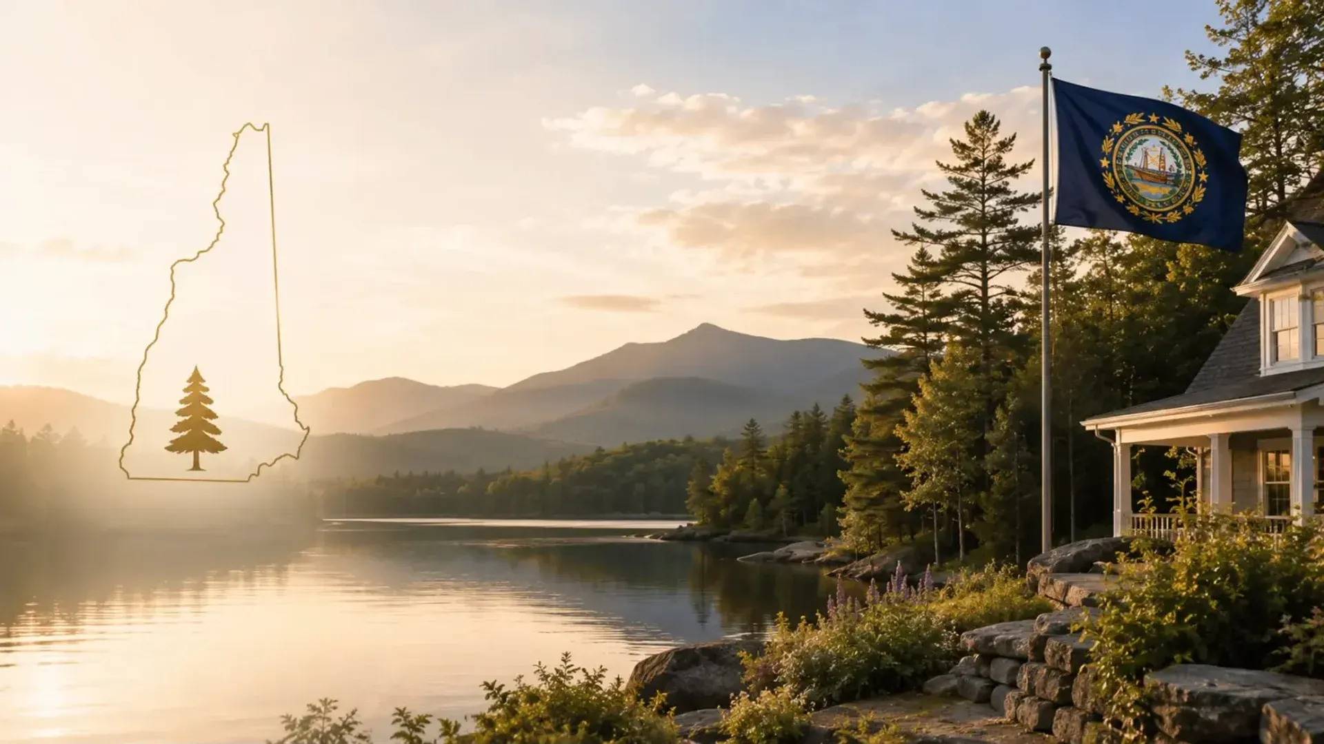 New Hampshire lake and mountains with state flag