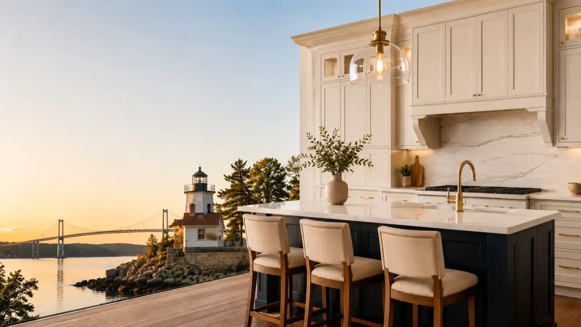 Kitchen island overlooking lighthouse and bridge view
