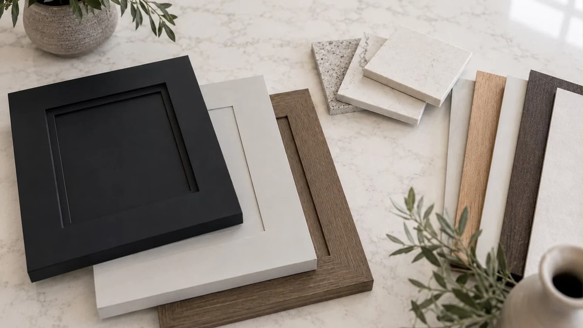 Cabinet door and countertop material samples on marble
