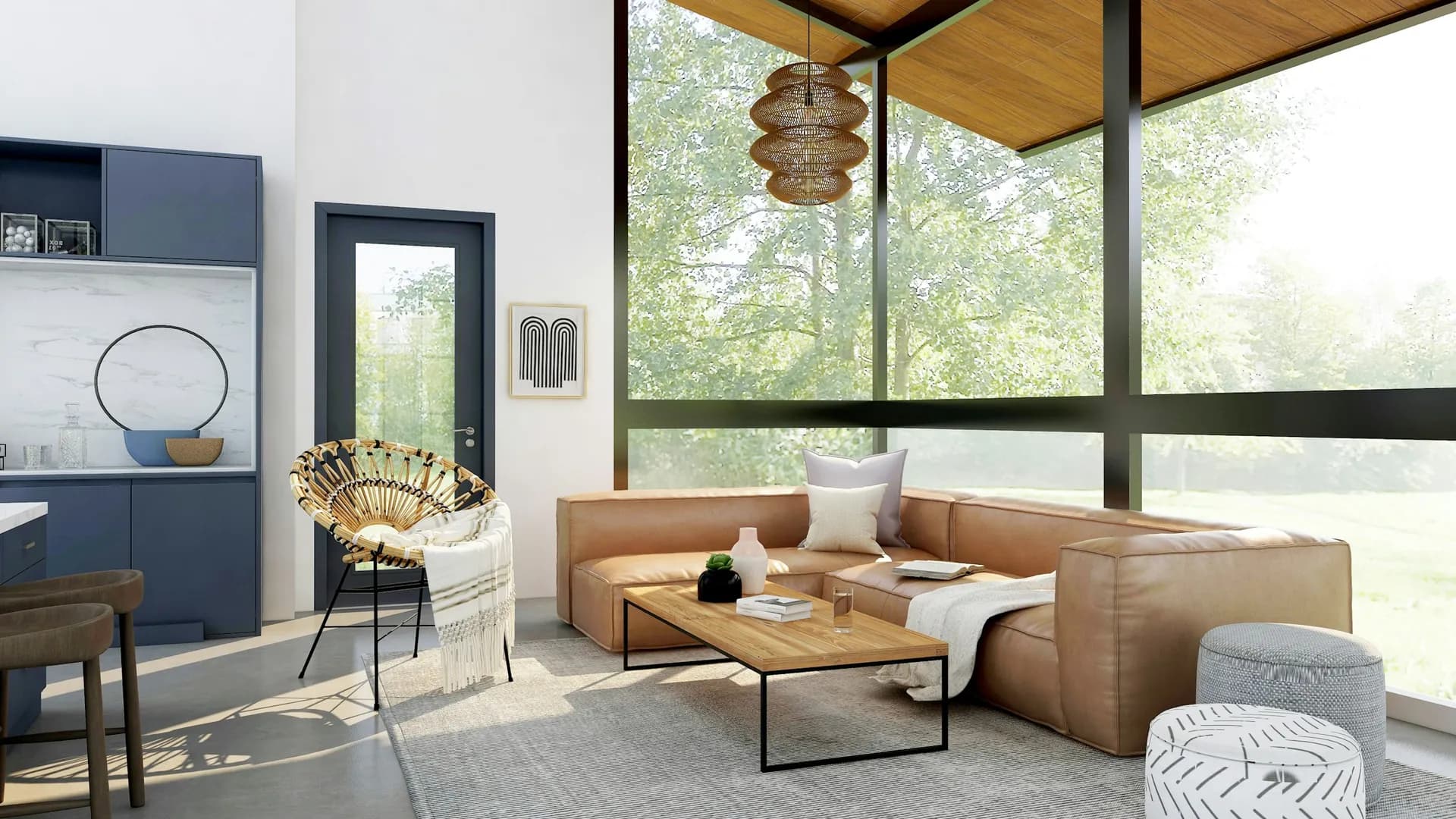 Living room with tan sofa, floor-to-ceiling windows